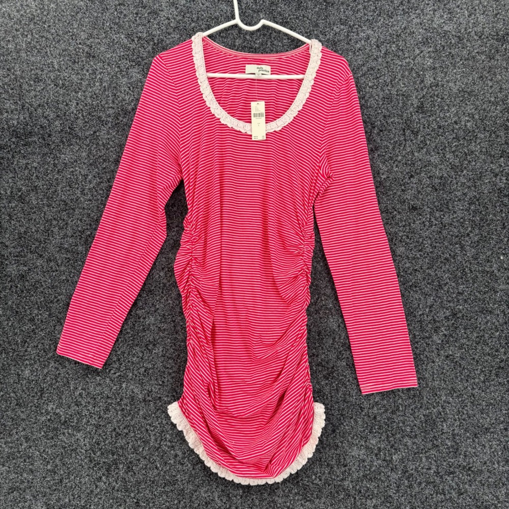 Daily Practice Anthropologie Raspberry Striped Ruched Lace Trim Mini Dress L NEW